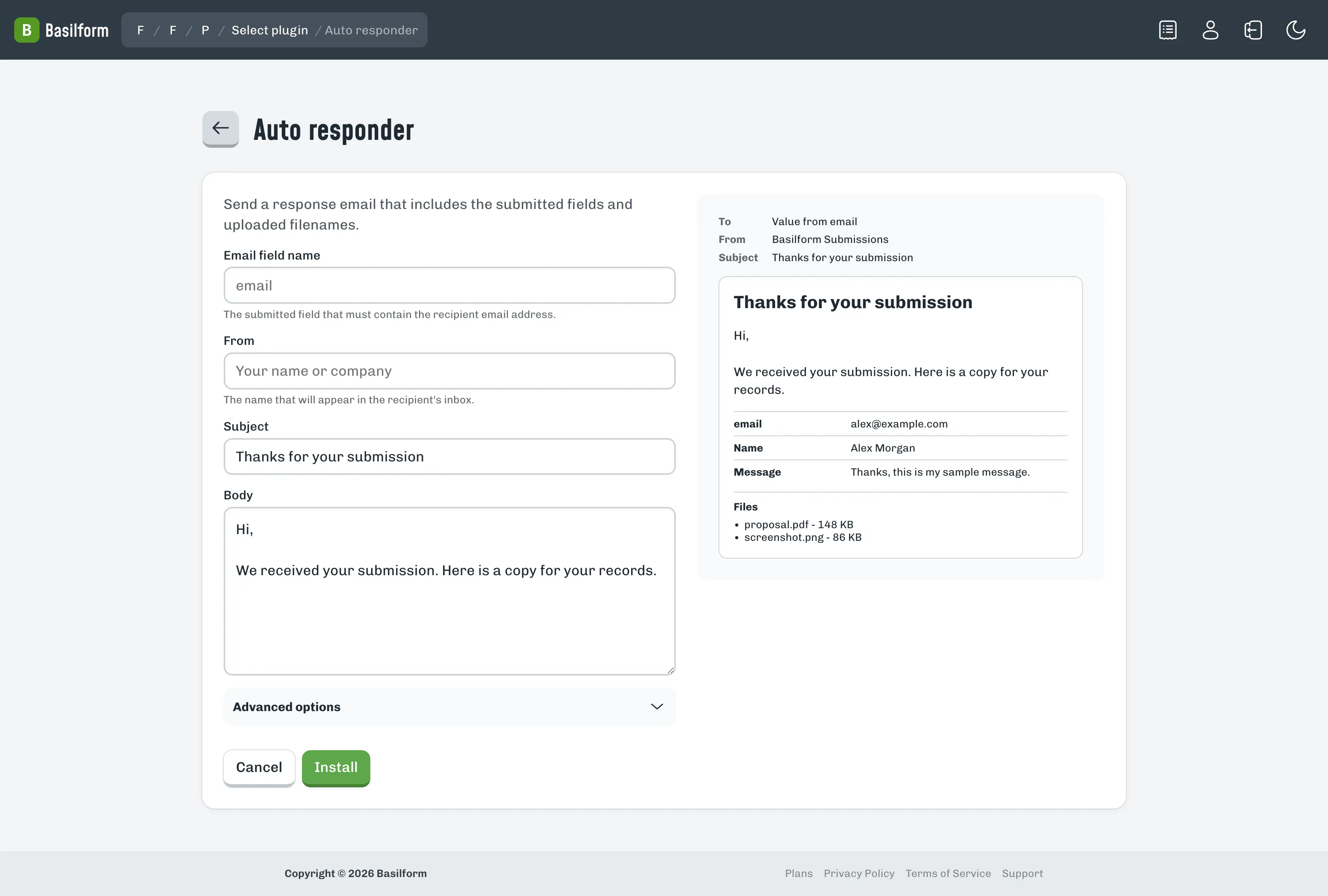 Autoresponder plugin configuration page