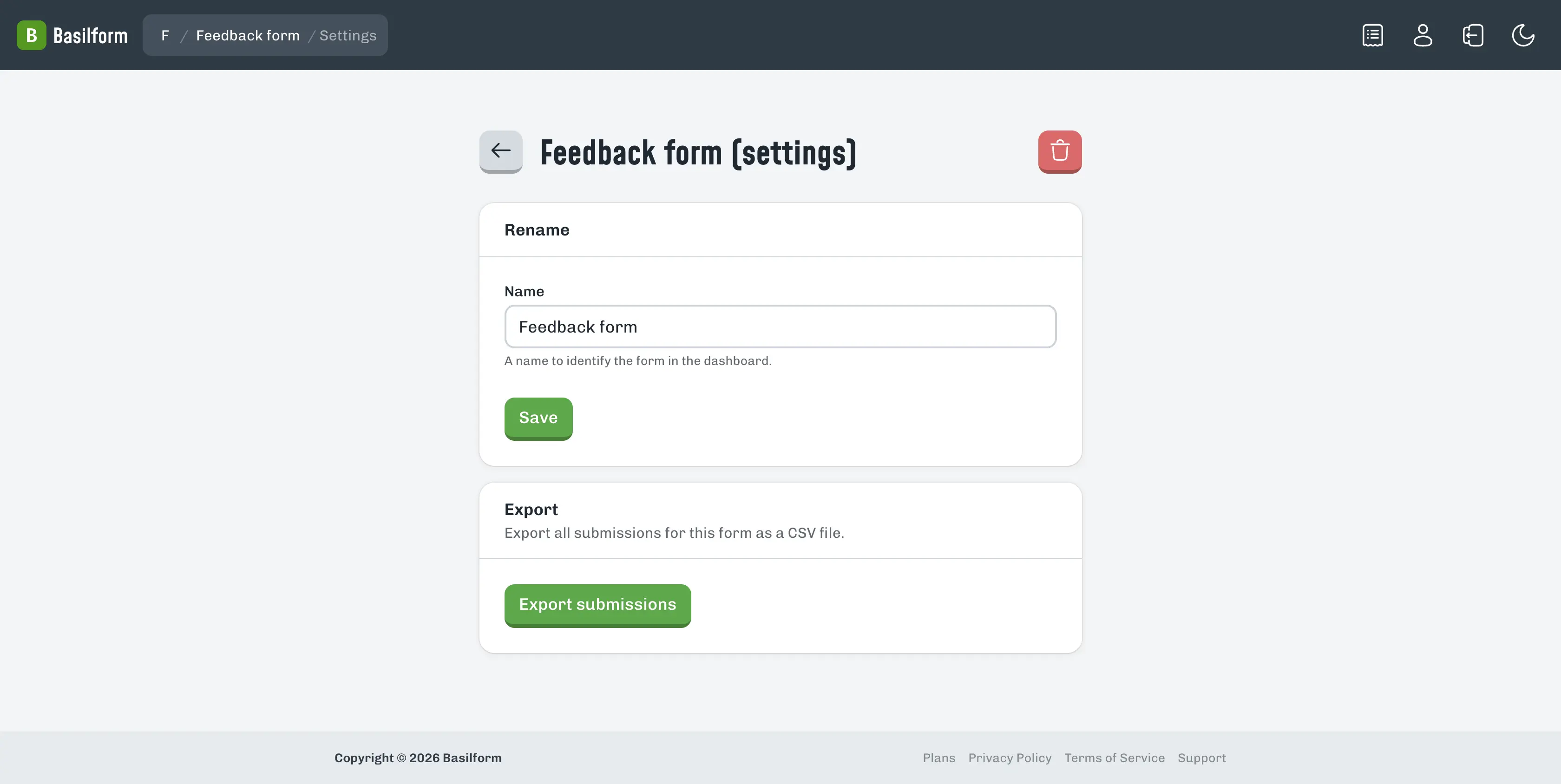 Form settings page